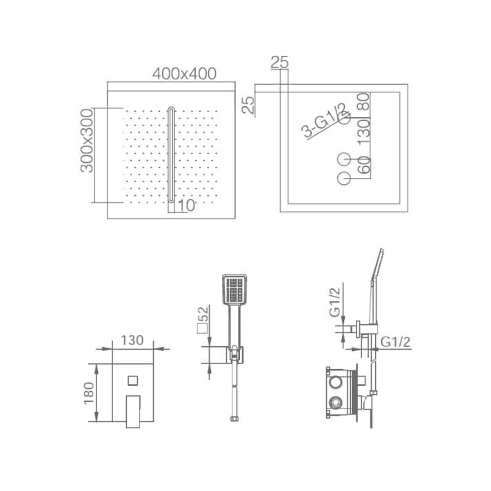 ENSEMBLE DE DOUCHE ENCASTRE AU PLAFOND CHROME GTS020